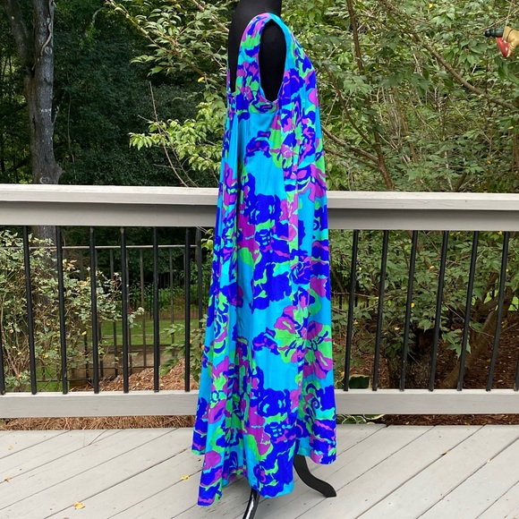 Vintage 60s 70s Psychedelic Flower Power Abstract Print Maxi Dress - Picture 5 of 12